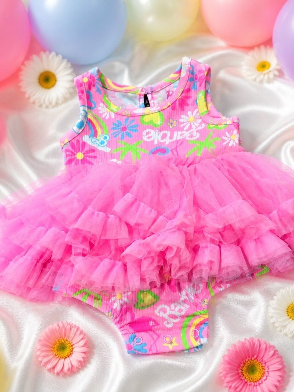 Barbie Pink Rainbow Floral Infant Romper Sz 0/3 Months